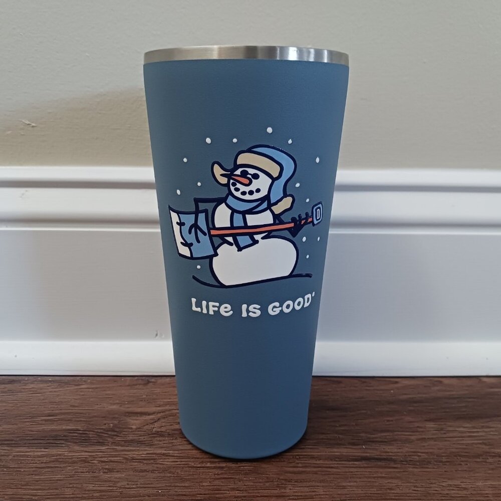 Life is Good Stainless Steel Tumbler 25 oz Jammin Snowman Shovel Slate Blue
